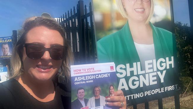 Former Labor Mayor and returning candidate Ashleigh Cagney visited polls across Camden before closing the day at her home booth in Currans Hill. Picture: Supplied