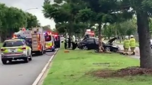 The scene of a crash at Pacific Pines that left one dead and two hospitalised. Picture: 9News.