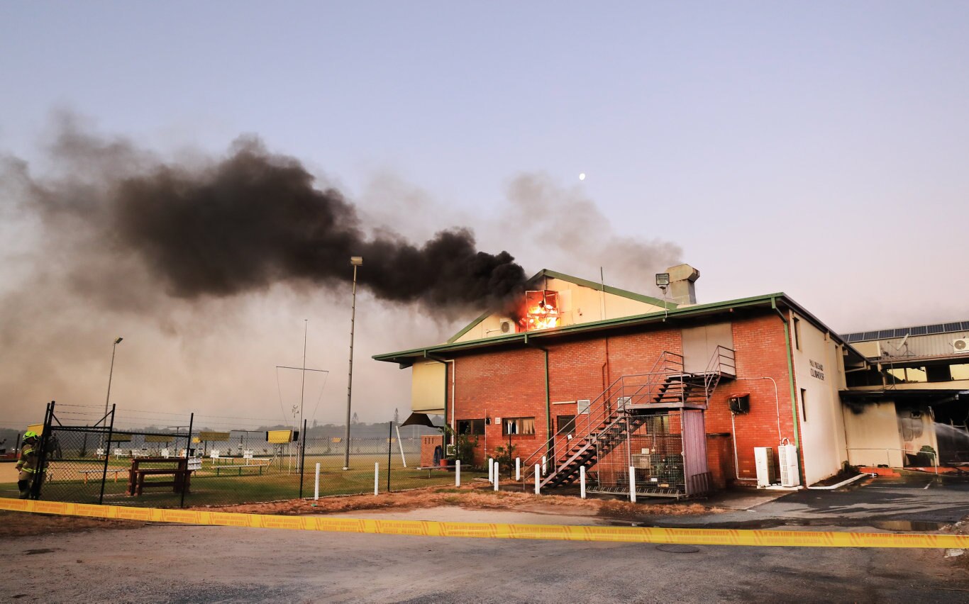 Flames burst from the roof of the Cudgen Leagues club as Queensland Fire Brigade Officers assist local Kingscliff and Tweed Units to fight the fire .Photo Scott Powick Newscorp