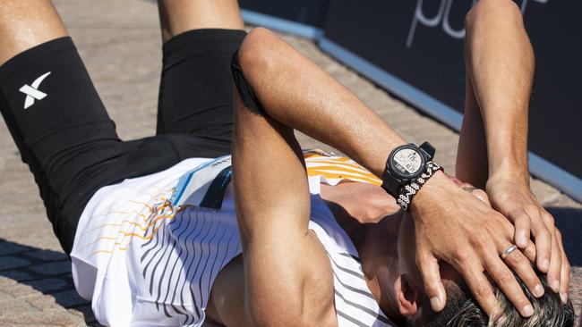 Sydney Marathon winner Othmane El Goumri after crossing the line. Picture: NCA NewsWIRE: Monique Harmer