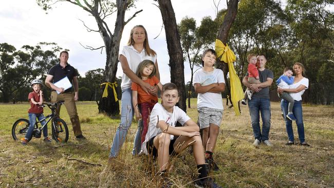 Belair National Park Action Group members were concerned about the future of their park. They include Sands Butterworth with son Wilson, 6, Danielle Blanchette with daughter Olive, 4, and sons Sid, 13 and Beau, 11, and Kym Evans and partner Leanne Hurley, and sons Jayden, 2 and Nathan, 4. Picture: Naomi Jellicoe