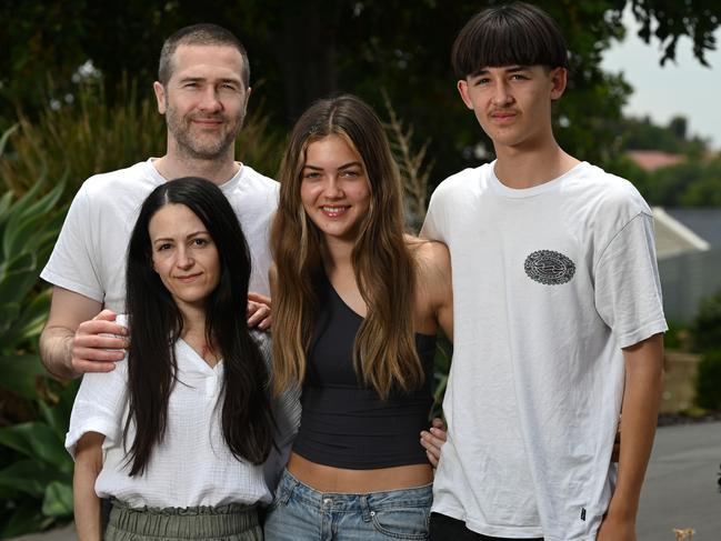 24th of November 2024  - Ryan and Christine Boyle with son Eli, 13 and daughter Meeka, 15, at their home in Noarlunga Downs.Chrstine Boyle is a 39-year-old wife and mother of two teenage children. After only five weeks of experiencing shortness of breath and three weeks after an initial visit to the doctor, she received the devastating diagnosis of stage four metastatic cancer. Christine has undergone open-heart surgery to remove a tumour growing in her pulmonary artery. She is currently recovering, before beginning chemotherapy although she is in palliative care. Naomi Jellicoe