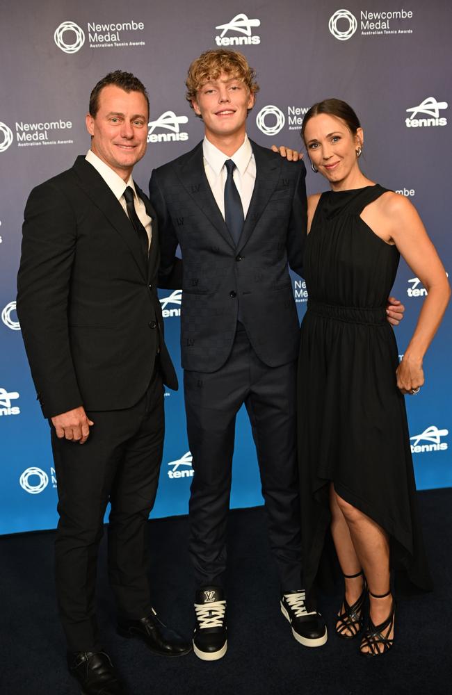 Lleyton Hewitt with wife Bec and son Cruz. Picture: Tony Gough