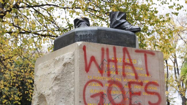 The William Crowther statue in Franklin Square Hobart has been vandalised overnight resulting in the statue being removed from it's plinth and then removed by Hobart City Council. Picture: Nikki Davis-Jones