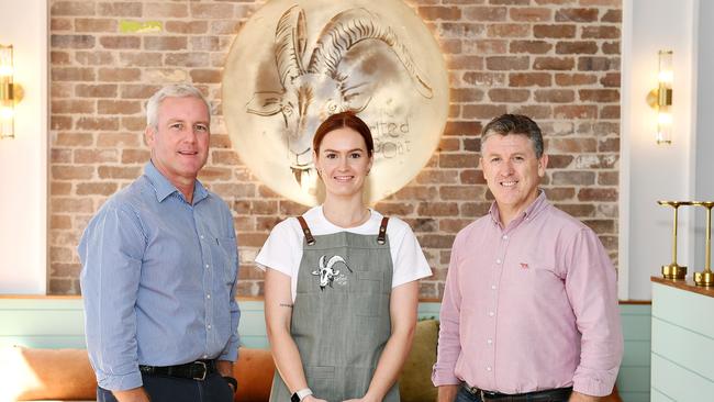 The Spirited Goat manager Rose Alcock (middle) with Knight Frank agents Paul Dury and Mark Fitzgerald at the new strand location. Picture: Shae Beplate.