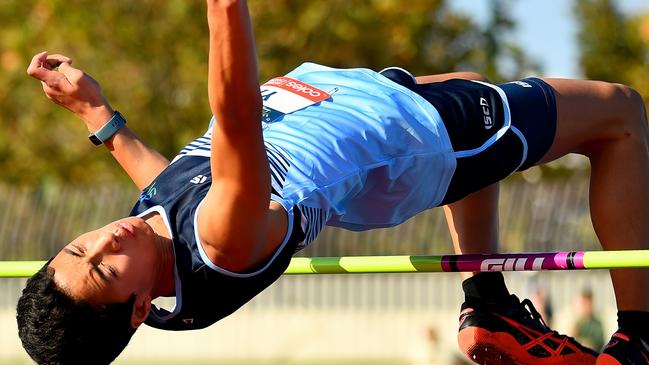 Davin Yap (NSW) competes in the Boys U13 High Jump during the Australian Little Athletics Championships at Lakeside Stadium in Albert Park, Victoria on April 22, 2023.