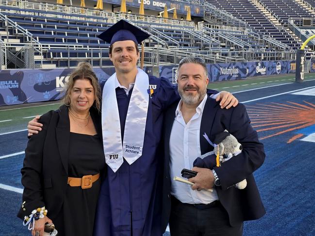 Jordan Doelling with his proud parents graduating from Florida International University. Picture: Supplied