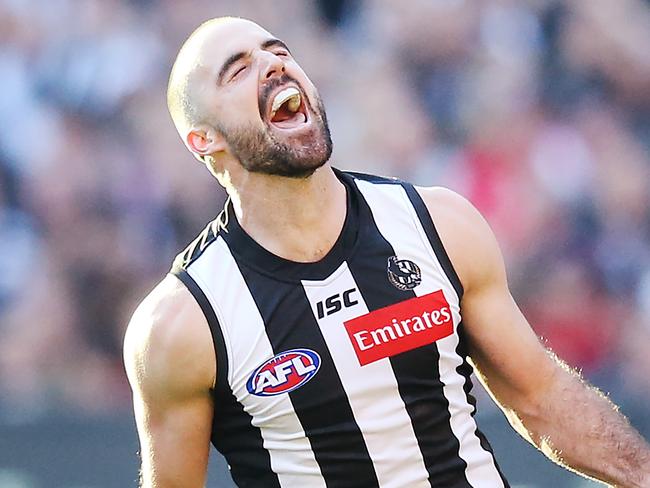 MELBOURNE, AUSTRALIA - MAY 18: Steele Sidebottom of the Magpies celebrates a goal during the round nine AFL match between the Collingwood Magpies and the St Kilda Saints at Melbourne Cricket Ground on May 18, 2019 in Melbourne, Australia. (Photo by Michael Dodge/Getty Images)