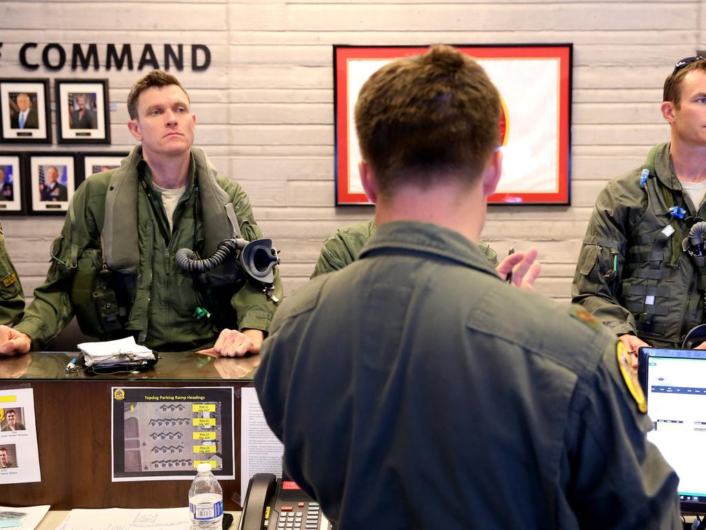 Australian Pilots training in the F35 fighter Jets Luke Airforce Base in Phoenix Arizona. Squadron Leader (L) before a flight. Picture: Nathan Edwards