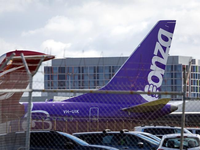 MELBOURNE, APRIL 30, 2024: Bonza Airlines has cancelled all flights in an appeared collapse. The Bonza aircraft previously towed from the Melbourne Airport terminals now sits at Melbourne Jet Base. Picture: Mark Stewart