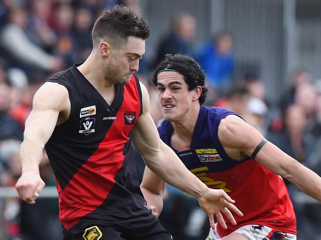 Riddell's Paul Sahlberg gets a kick away during last year’s RDFL decider. Picture: Josie Hayden