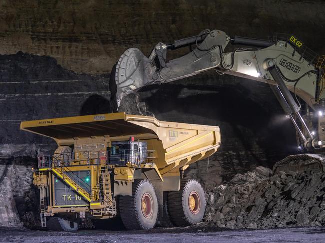 12 April 2022. Coal mining operations from Bravus (formerly known as Adani) at their Carmichael Coal Mine, Qld.Nighttime interburden removal at the Carmichael minePIC: Cameron Laird