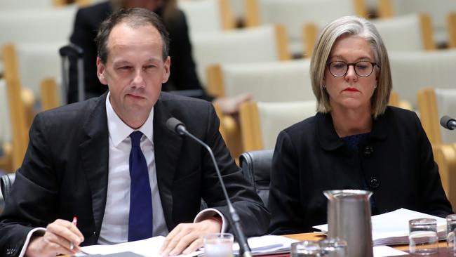 ASIC chair James Shipton and deputy chair Karen Chester at Parliament House in 2019. Picture: Gary Ramage