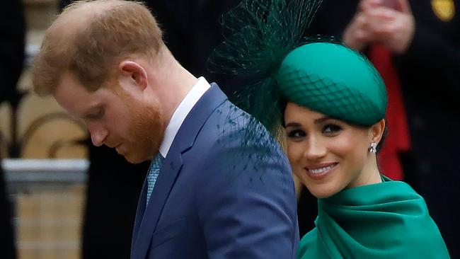 Prince Harry and Meghan Markle during their last appearance as working royals in March 2020. Picture: Tolga Akmen/AFP