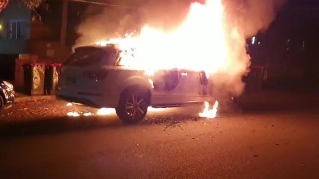 This car was found burning in Berala shortly after the shooting which left tarek Zahed critically injured and his brother, Omar, dead. Picture: TNV