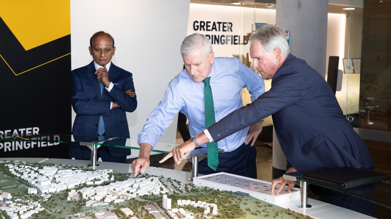 Springfield City Group chairman Maha Sinnathamby, Deputy Prime Minister Michael McCormack and SCG deputy chairman Bob Sharpless.