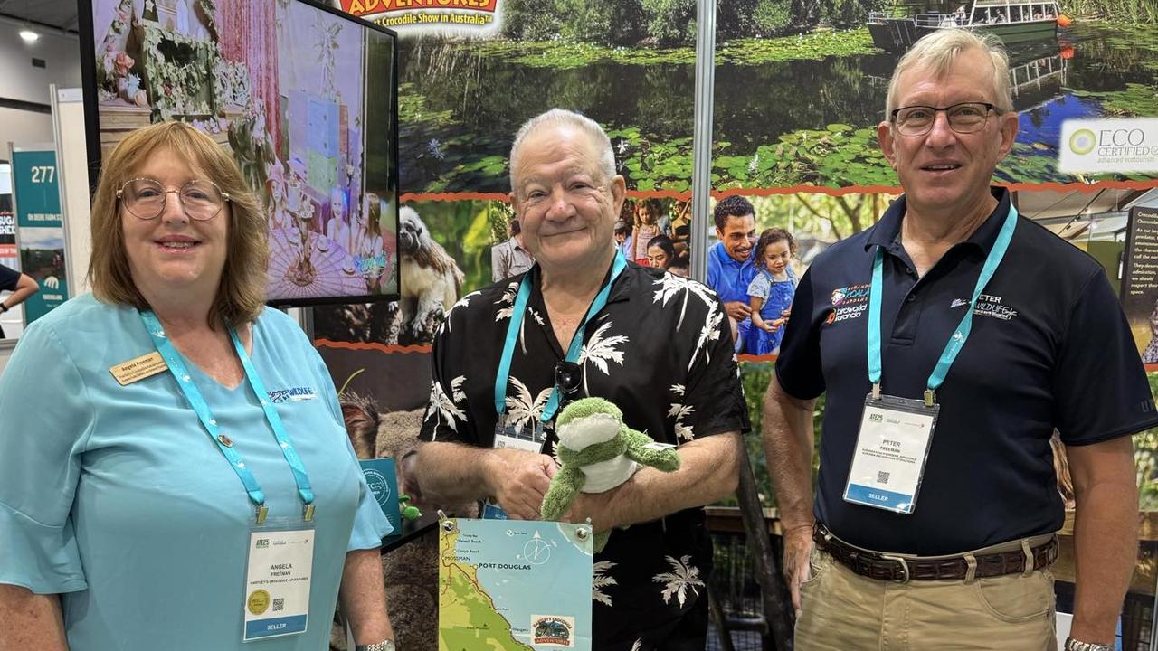 Hartley's Crocodile Adventures co-founders, Angela and Peter Freeman with renowned tourism marketer, Robbie Bastion at the Australian Tourism Exchange 2024 expo in Brisbane. Picture: Supplied