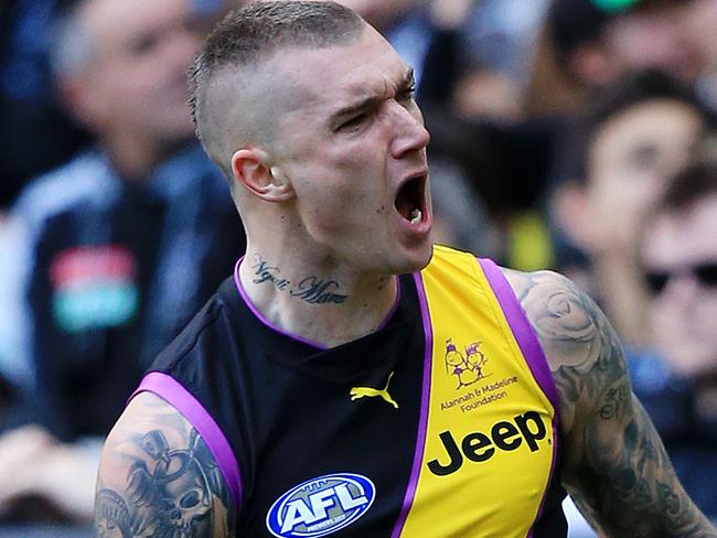 AFL: Round 19 Richmond v Collingwood at the MCG. Dustin Martin celebrates a goal. Picture: Mark Stewart