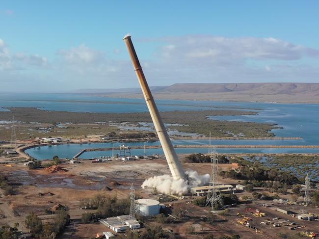 Image 2. A 200-metre chimney stack at what was South Australia’s last remaining coal-fired power station being felled in a controlled explosion as destruction of the site’s infrastructure nears completion. The structure destroyed this morning in Port Augusta, 280km north of Adelaide, was one of Australia’s tallest chimney stacks. Picture: Supplied