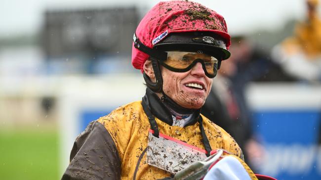 Craig Williams returned to scale a muddy mess after riding Foxy Cleopatra unplaced in the Ballarat Cup. Picture: Vince Caligiuri/Getty Images