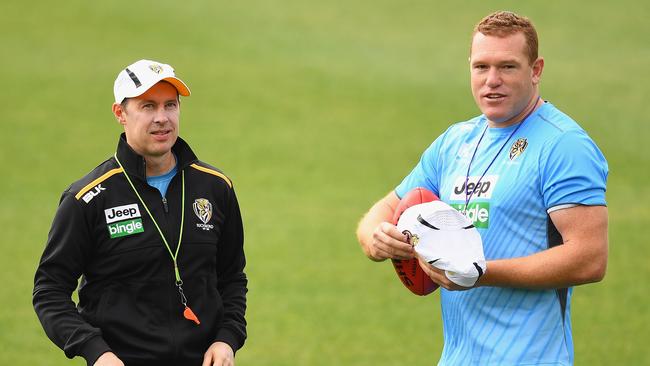 McRae (left) and Leppitsch (right) also worked together as Tigers assistant coaches. Picture: Quinn Rooney / Getty Images