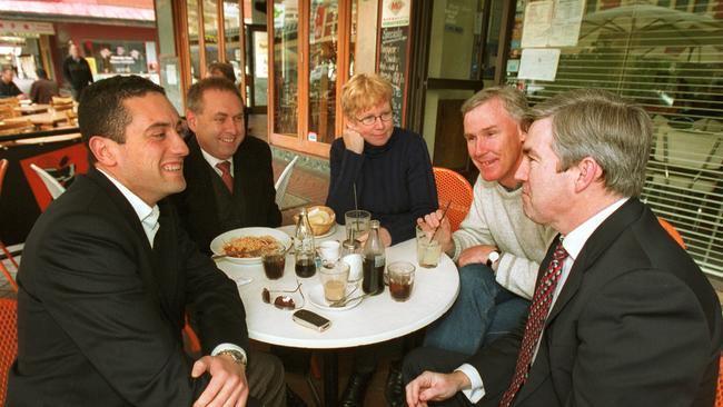 Farrell with, from left, Tom Koutsantonis, Michael and Joan Atkinson and Tim Stanley on Gouger Street in 2003.