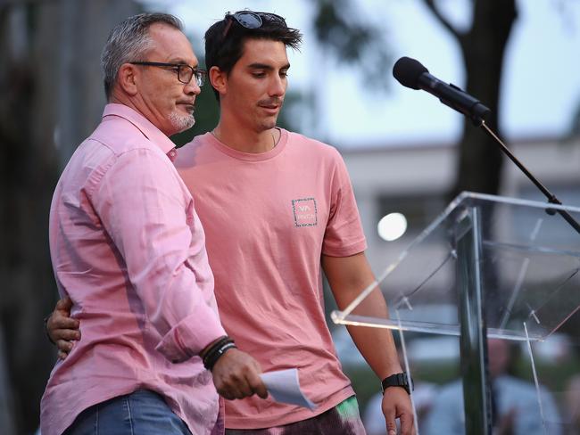 Hannah Clarke’s father and brother, Lloyd and Nathaniel, speak at a vigil to remember her and her three children. Picture: Jono Searle/Getty Images