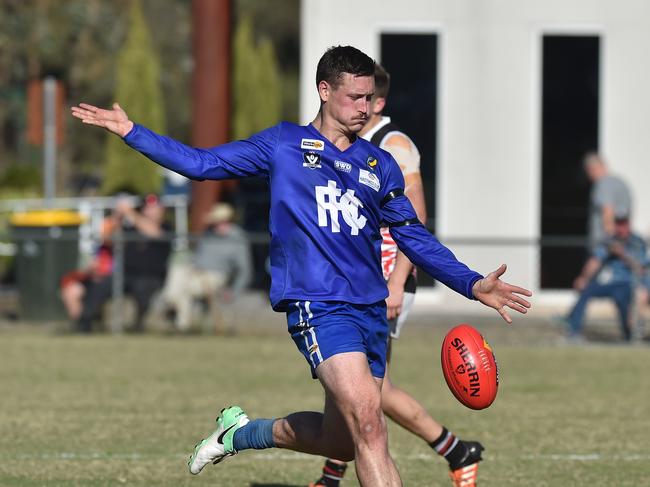 Taylor Stratton of Hastings in action during the MPNFL Div 2 match in Hastings, Melbourne, Saturday, April 20, 2019. MPNFL Div 2 v Devon Meadows V Hastings. (AAP Image/James Ross) NO ARCHIVING