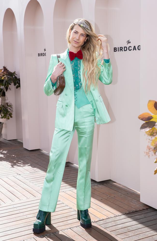 Christian Wilkins opted to wear an all green ensemble, traditionally deemed to be ‘bad luck’ at Melbourne Cup. Picture: Jason Edwards