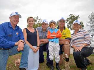 SPONSORS: (From left) George McVeigh (TopX), Natalie Nolan (Raheen Thoroughbred Stud), Wayne Carey (St Mary's P and F), junior jockey Will Nolan, Ben Brownlie (Brownlie Concretors) and Tanya Roche (Crossdraw Western Emporium) are gearing up for the St Mary's Race Day at Allman Park on Saturday. Picture: Gerard Walsh