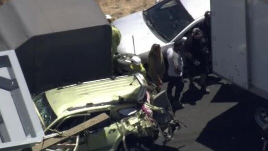 A pool reportedly flew through a woman's window during a highway crash. Picture: Nine News