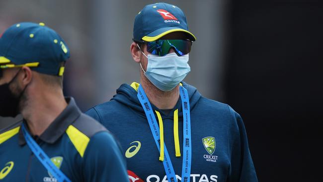 Steve Smith wears a mask while in the Manchester bubble. Picture: Gareth Copley/Getty