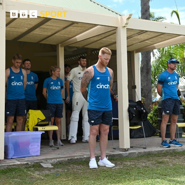 The English cricket team stands for a minute’s silence in tribute. Picture: BBC Sport