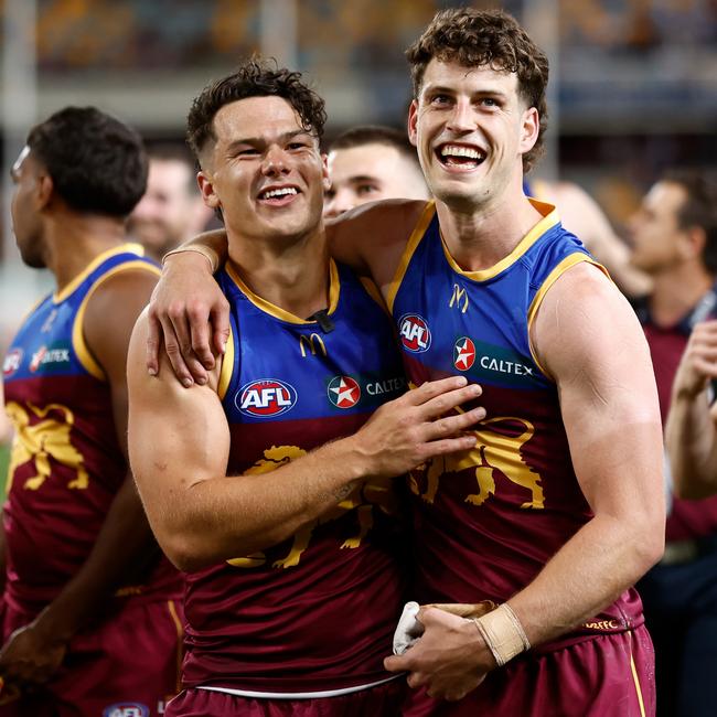 Cam Rayner (left) and Jarrod Berry of the Lions celebrate winning the preliminary final. Picture: Michael Willson/AFL Photos via Getty Images