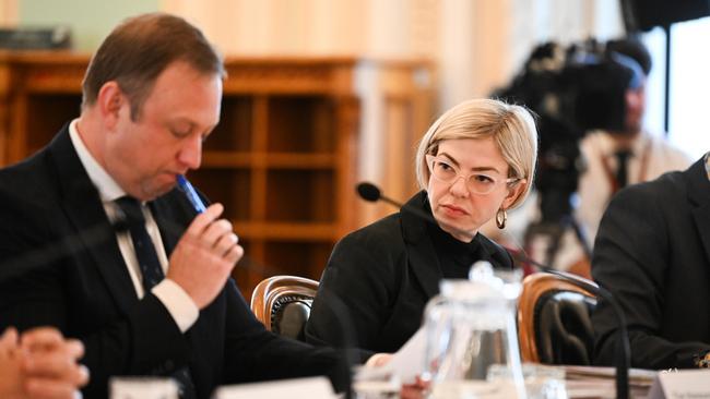 Premier Steven Miles with his chief of staff Katharine Wright during estimates hearings. Picture: Dan Peled / NewsWire