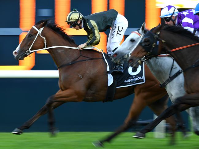 Jockey Tim Clark rides Snitz to victory in race 8, the DeBortoli Wines Takeover Target Stakes, during Gosford Cup Day at Royal Randwick Racecourse in Sydney, Saturday, May 9, 2020. (AAP Image/Dan Himbrechts)