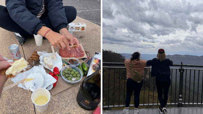 Who needs a fancy high tea when you can do it on a budget... with an uninterrupted view of the Three Sisters. Image: Supplied