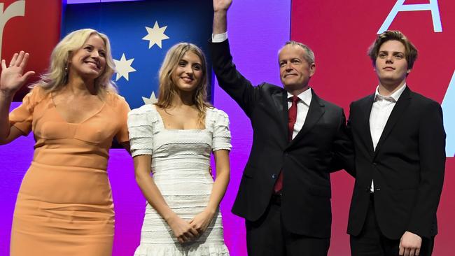 Bill Shorten yesterday with his wife Chloe, son Rupert, and daughter Georgette. Picture: AAP