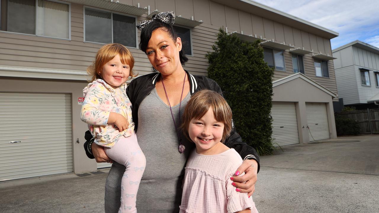 Single mum Skye Baird, 33, with her daughters Sophia, 7, and Shenayah, 2, at their rental home in Caboolture. Picture: Liam Kidston