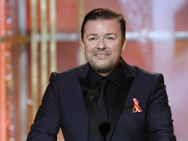 Ricky Gervais on stage at the Golden Globe Awards in 2010. He says he often has a drink before awards shows to loosen up a bit. Picture: NBC