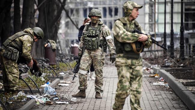 Russian soldiers in Mariupol as Russian troops intensify a campaign to take the strategic port city. Picture: AFP.