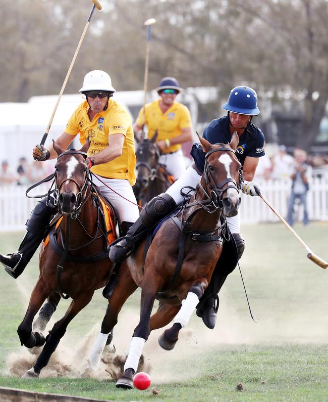 The action at the Pacific Fair Magic Millions Polo. Picture: Nigel Hallett