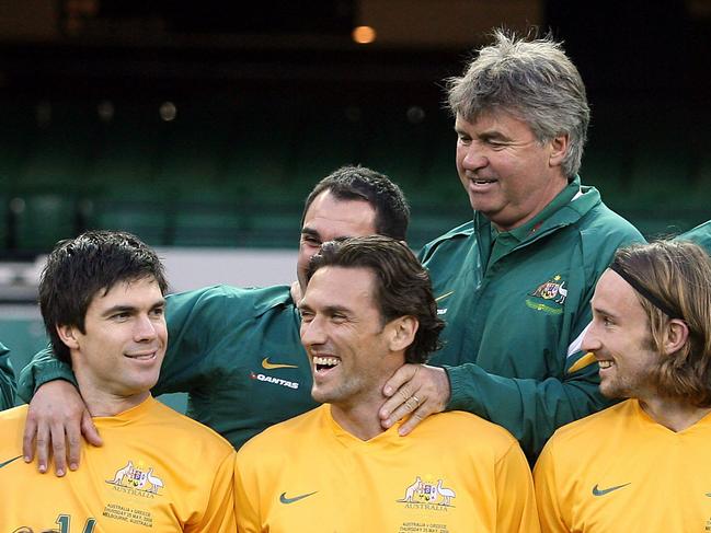 (backL-R) assistant coach Anthony Crea and head coach Guus Hiddink, (MiddleL-R) Michael Beauchamp, Tony Popovic and Joshua Kennedy.