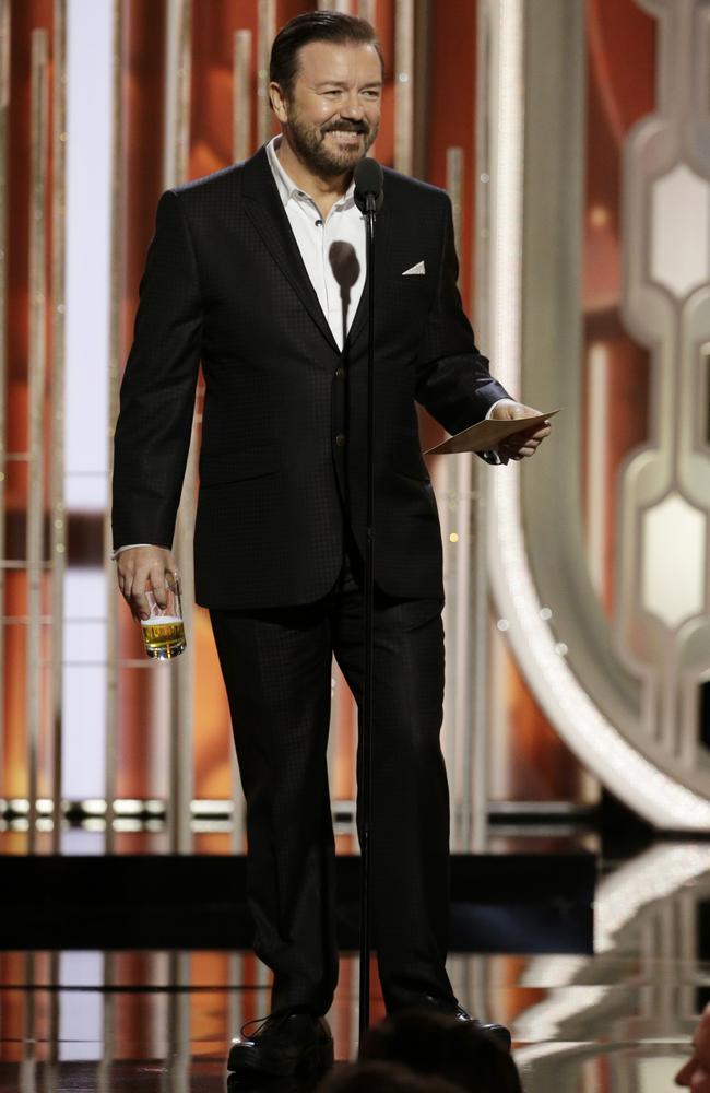 Host with the most controversy ... Ricky Gervais hosting the 73rd Annual Golden Globe Awards in California. Picture: Paul Drinkwater/NBC