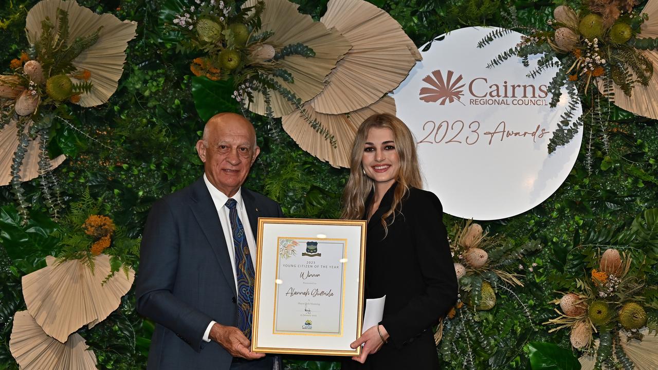 Cairns Mayor Bob Manning with 2023 Young Citizen of the year recipient Alannah Giuffrida. Picture Emily Barker.