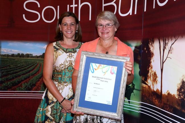 Dedicated treasurer, organiser and caterer within the Proston community Del Blanch received the award for Volunteer of the Year. Pictured with Nanango MP Deb Frecklington. . Picture: Tessa Mapstone