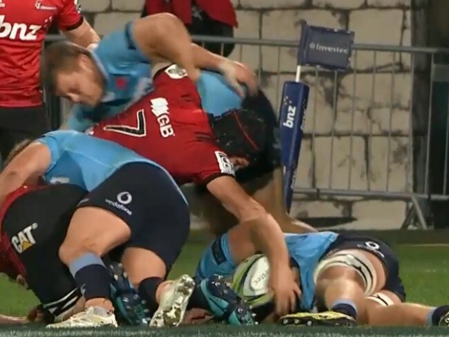 Crusaders flanker Matt Todd hand on the ball. Ref call: NSW knock-on.