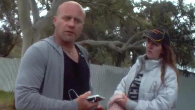 Robert Joseph Patard, left, and Jessica Elizabeth Gianoni, right, in SA Police bodycam footage recorded prior to the alleged murder of Shaun Russell. Picture: SA Police.