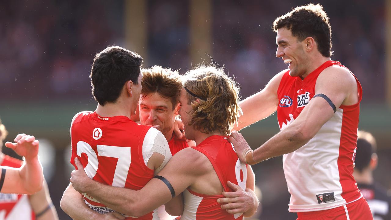 The Swans, including (from left) Justin McInerney, Dane Rampe, James Rowbottom and Tom McCartin, are a close playing group. Picture: Phil Hillyard