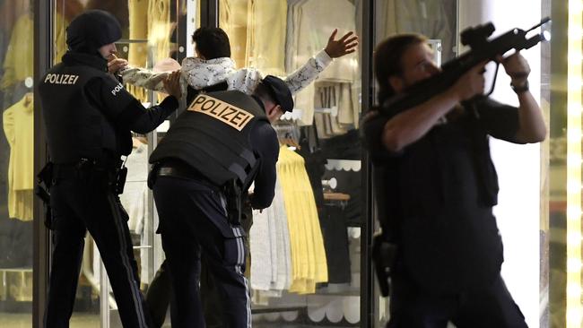 Police at Mariahilferstrasse in central Vienna following a shooting near a synagogue. Picture: AFP